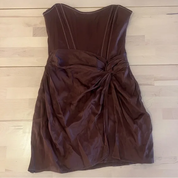 Zara brown strapless coset mini dress size medium satin - Picture 2 of 3
